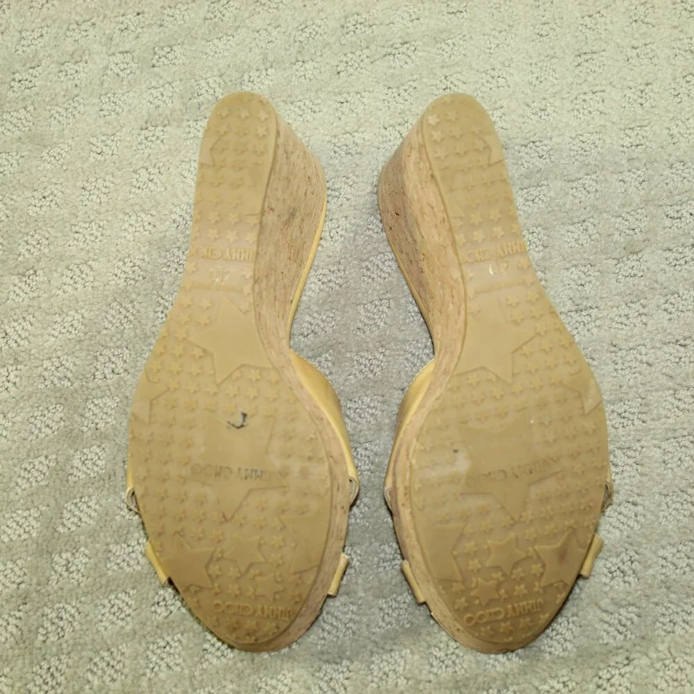 Jimmy Choo Women's 8.5 / 40 Platform Patent Leather Yellow Cork Wedge Heels
